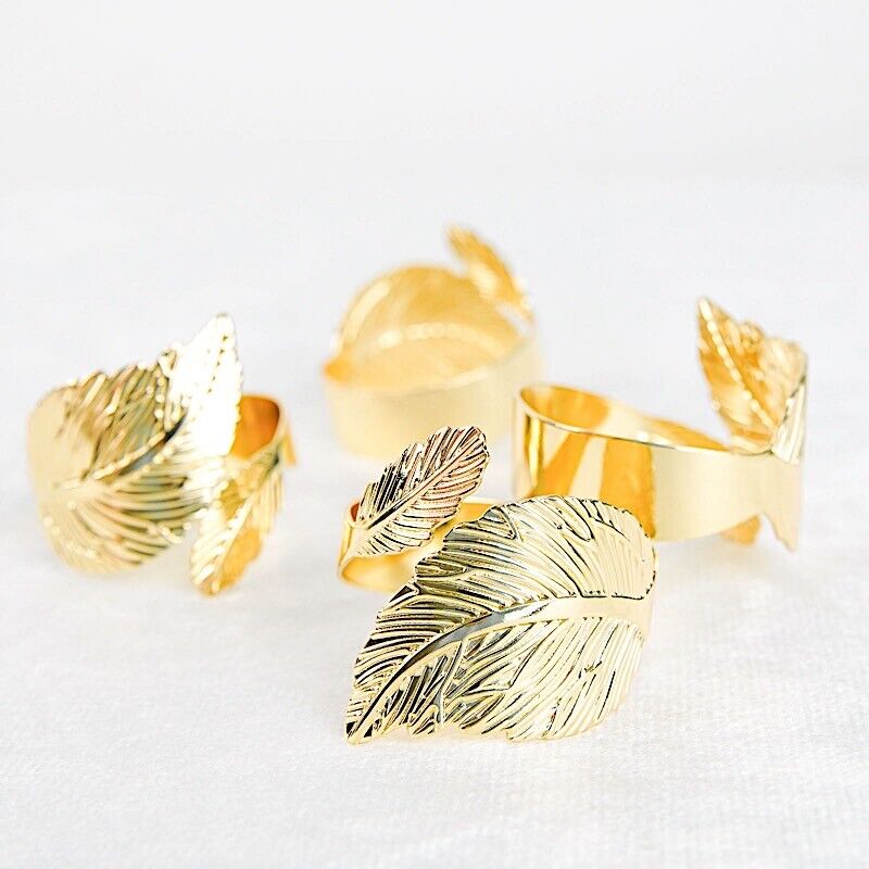 4 Metallic Gold NAPKIN RINGS Ornate Leaf Design