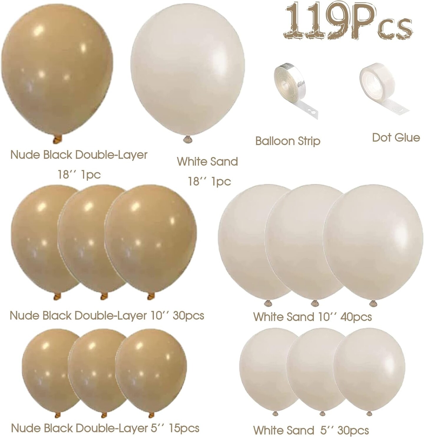 Neutral Balloon Garland Arch Kit-119Pcs Tan Beige Double Stuffed Balloons White Sand Cream for Boho Teddy Bear Theme Baby Shower Gender Reveal Birthday Party Decoration Supplies