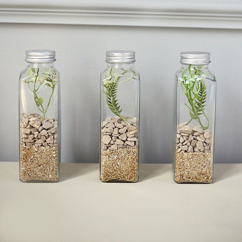 12 Clear 12 oz Square Storage Jars Refillable GLASS BOTTLES Aluminum Caps