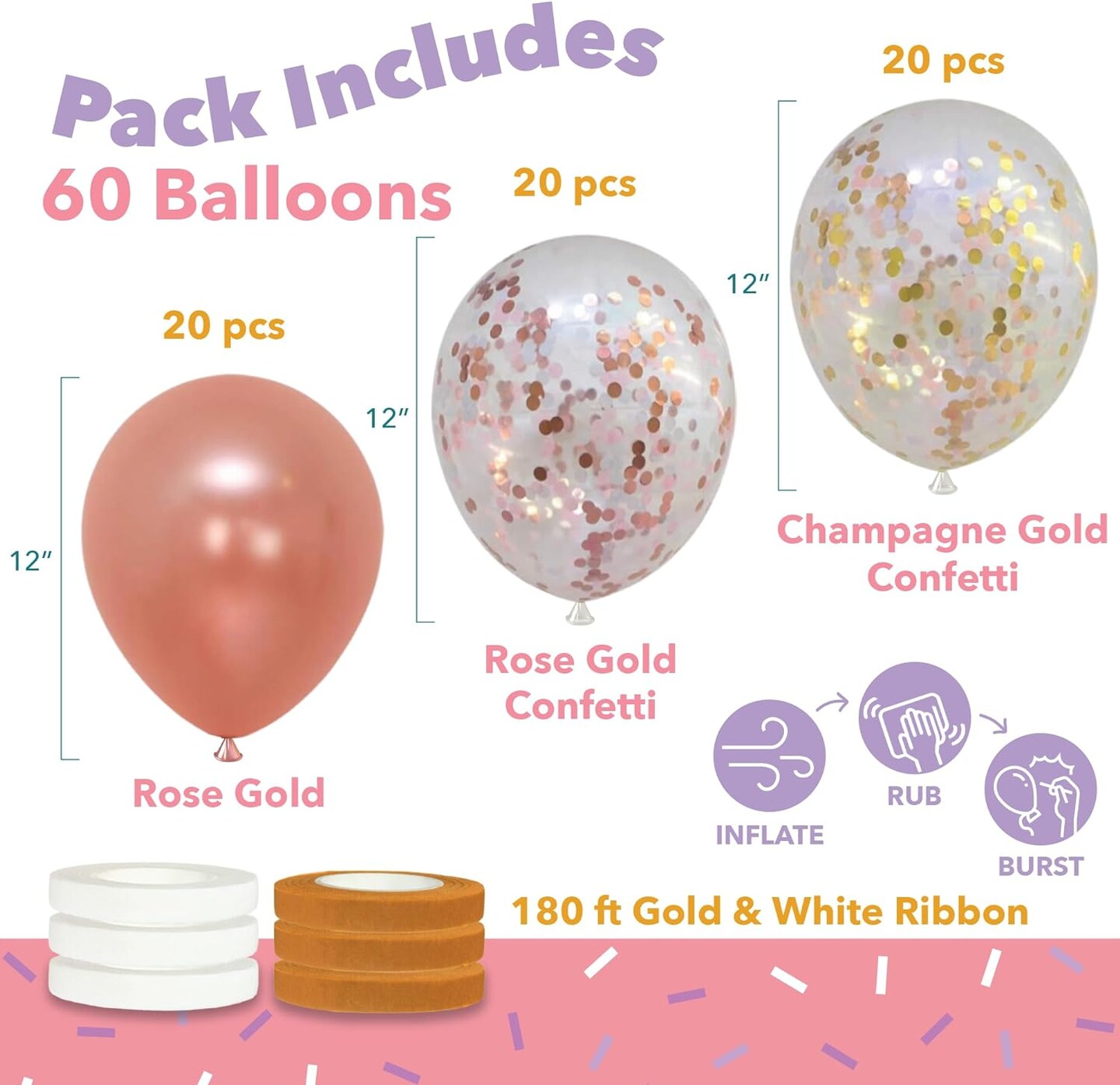 60 Pack Rose Gold Balloons + Confetti Balloons w/Ribbon | Rose gold Balloons for Parties | Bridal &#x26; Baby Shower Balloon Decorations | Latex Party Balloons | Graduation, Engagement, Wedding