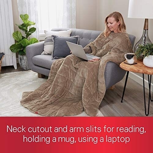Sunbeam   Weighted Blanket  15 Pounds Reversible Plush Velvet/Microfiber with Arm Slits and Neck Cutout 54 x 73 Mushroom