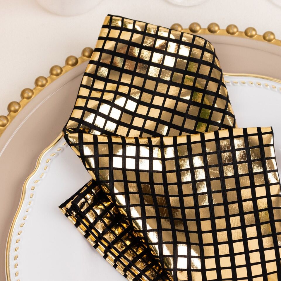 5 Black 20x20 in Polyester Dinner Table NAPKINS Gold Mirror Foil