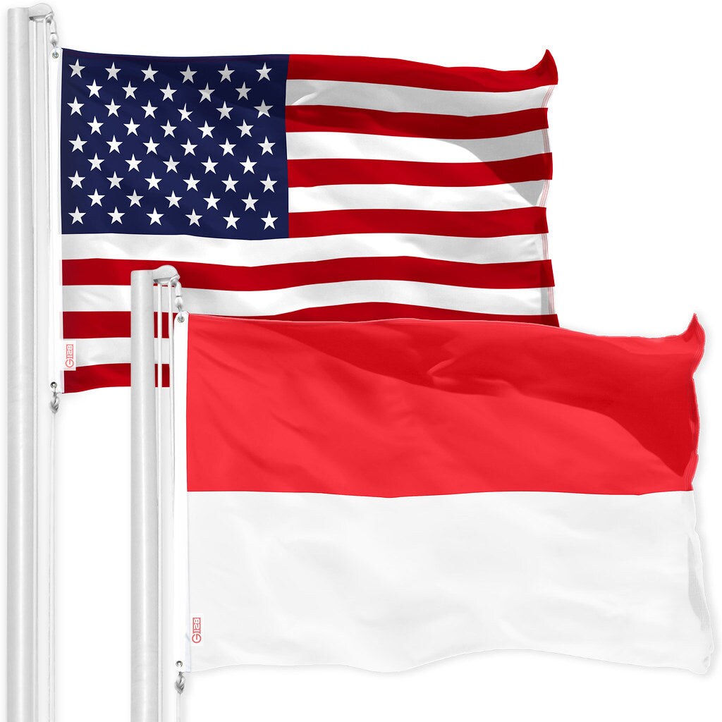 G128 Combo Pack: American USA Flag 3x5 Ft &#x26; Indonesia Indonesian Flag 3x5 Ft, Both Printed 150D Polyester, Indoor/Outdoor, Brass Grommets