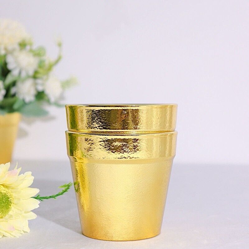 6 Gold 3&#x22; Metallic Round Plastic Flower PLANT POTS