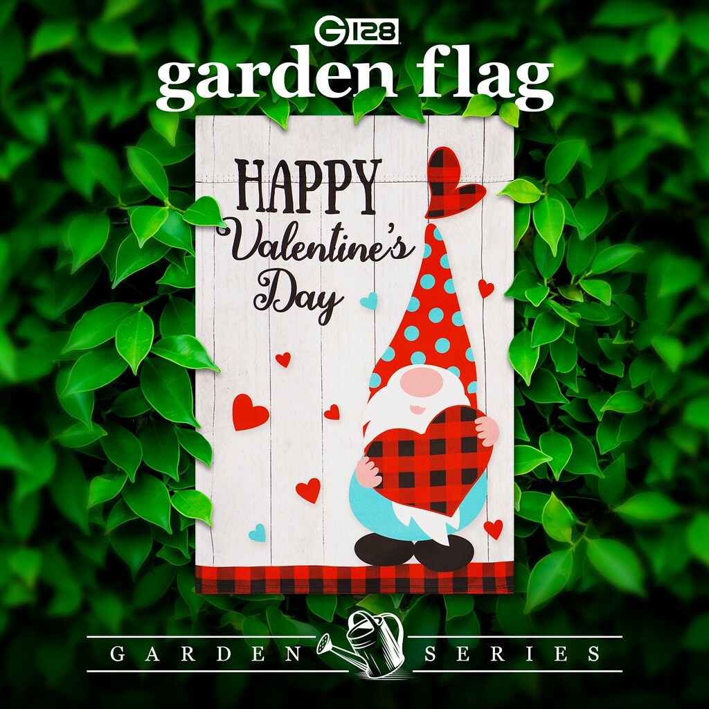 G128 Garden Flag Happy Valentine&#x27;s Day Gnome Holding Plain Heart 12&#x22;x18&#x22; Blockout Fabric