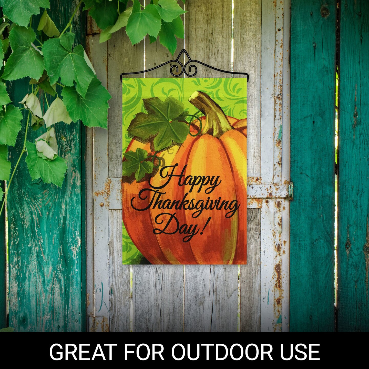 G128 Combo Pack Garden Flag Hanger 14IN &#x26; Garden Flag Happy Thanksgiving Pumpkin Green BG 12x18IN Printed 150D Polyester