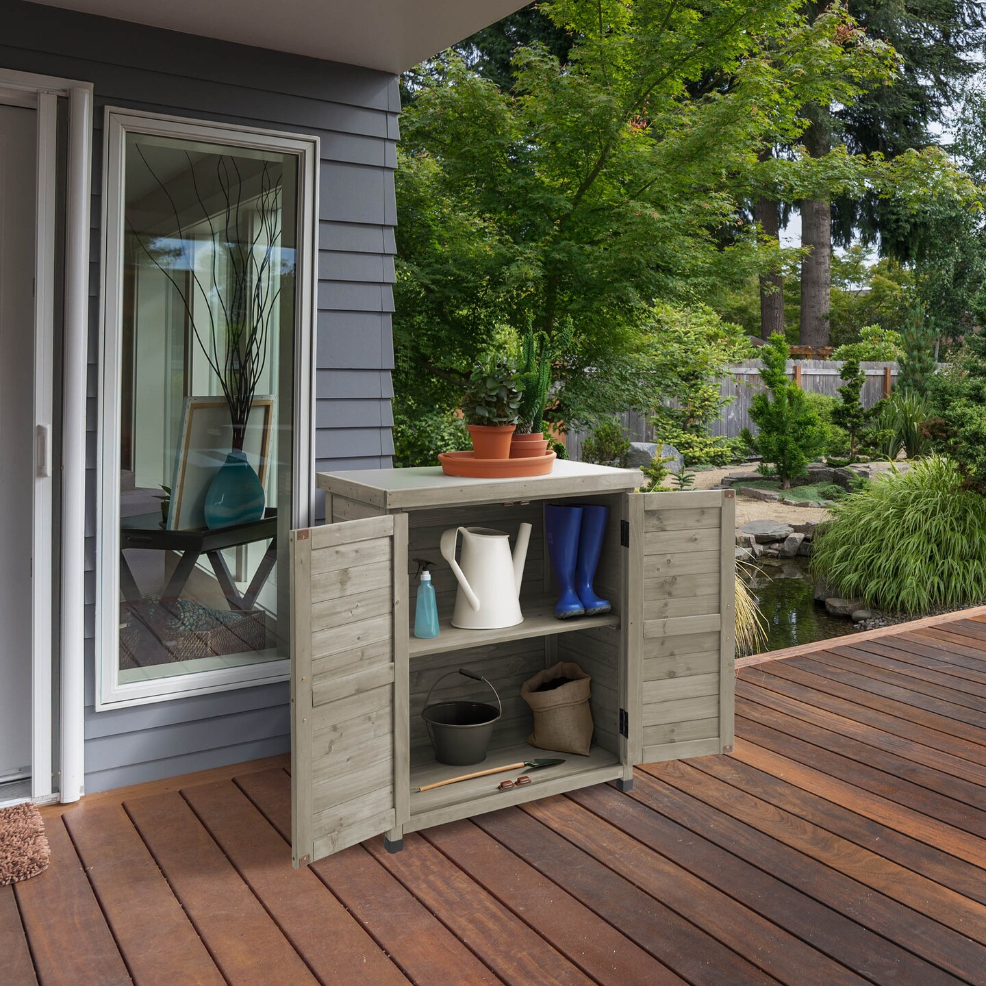 Casafield Outdoor Garden Potting Bench with Metal Tabletop and Storage Cabinet - Wooden Outdoor Garden Patio Workstation Table