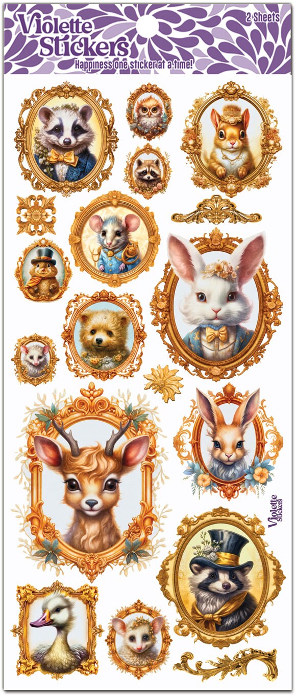 Gold Framed Critter Portraits Stickers - 3 Packages