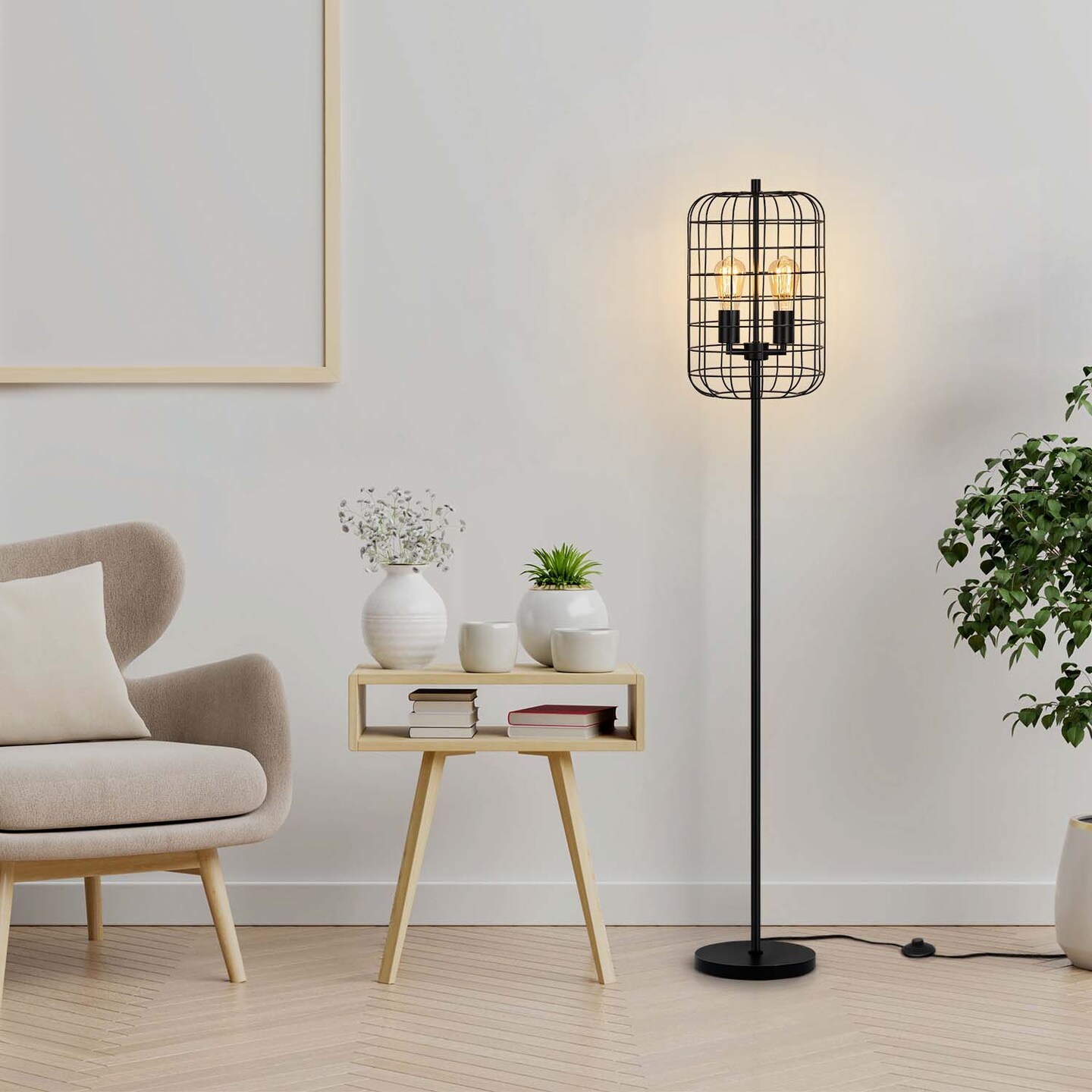 3-Light Floor Lamp, Industrial Cage Design