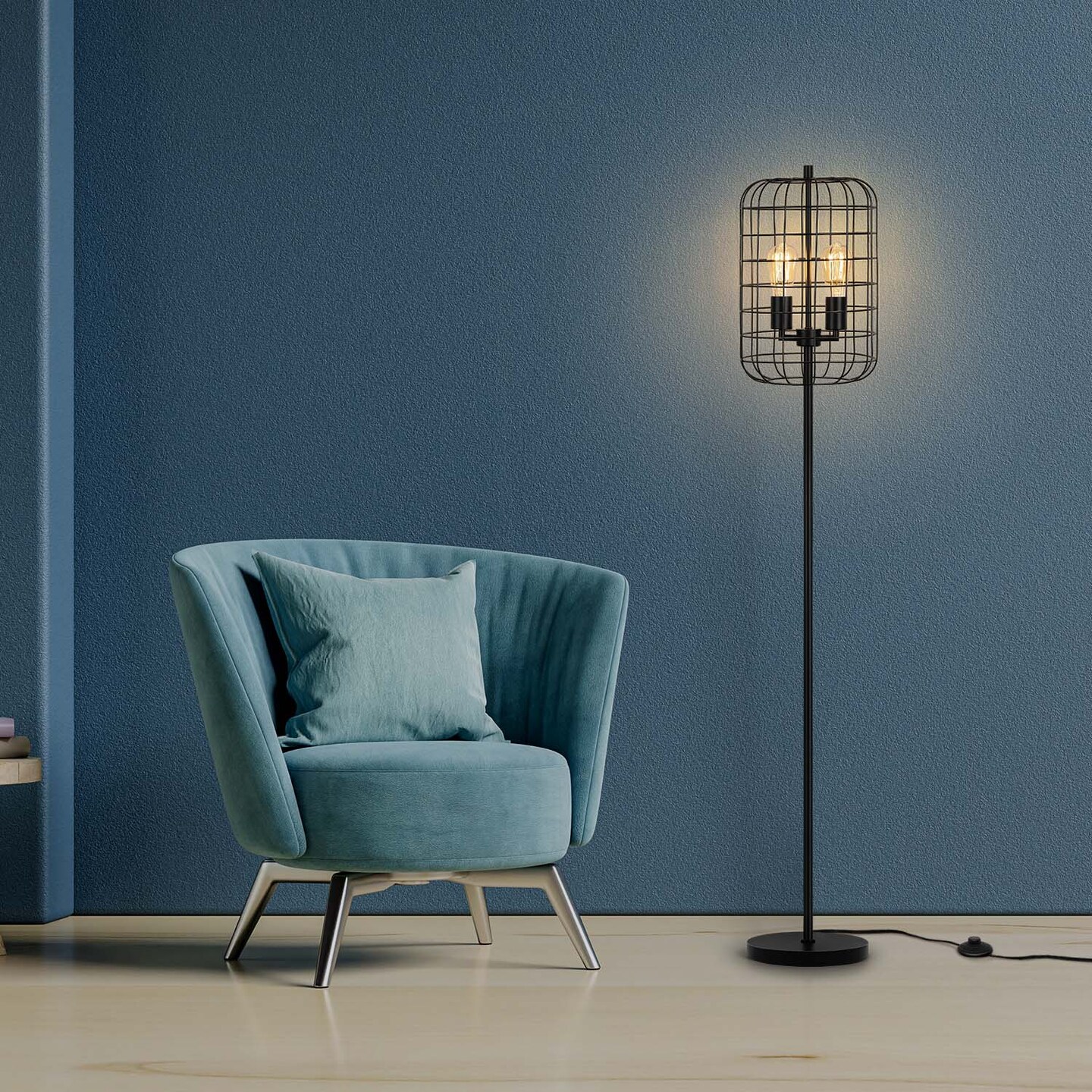 3-Light Floor Lamp, Industrial Cage Design