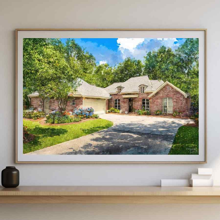 product name is Custom Home, Cabin or Cottage Portrait Wall Art Decor - Special Gift for a Keepsake, Housewarming or as a Realtor Gift