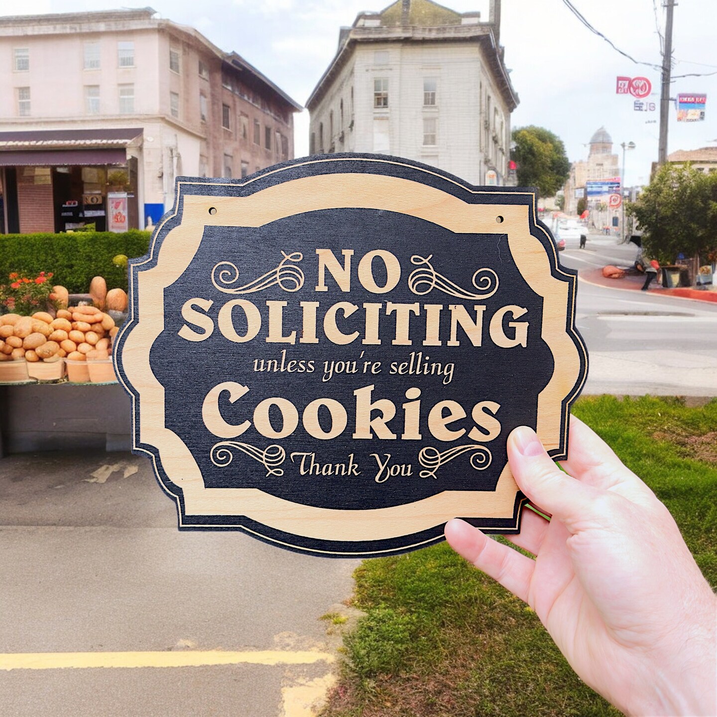 No Soliciting Unless You&#x27;re Selling Cookies - Black Door Sign 6x9