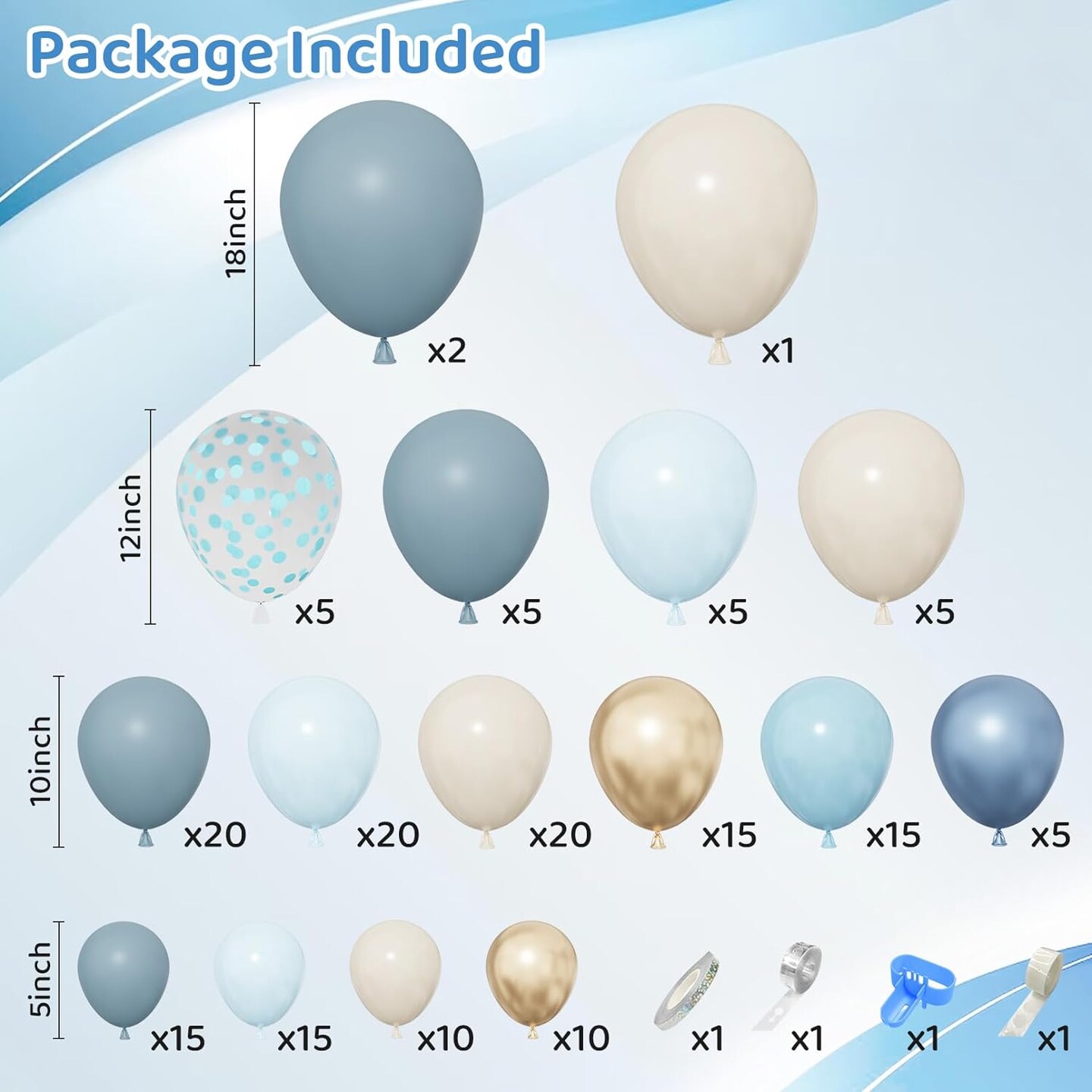 172Pcs Dusty Blue Balloons Arch Garland Kit, Dusty Baby Pastel Blue Chrome Gold Blue Sand White Confetti Balloon for Boy Baby Shower Decorations Bridal Shower Gender Reveal Birthday Party Supplies