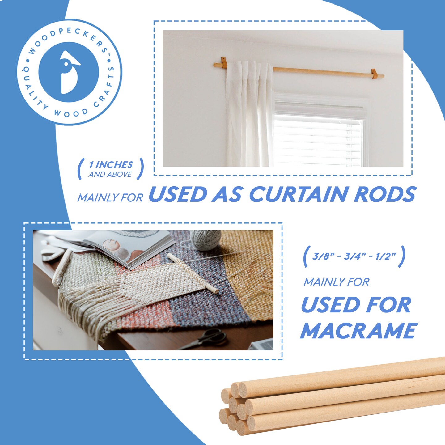 Wooden Dowel Rods 1/2 inch Thick, Multiple Lengths, Unfinished Sticks Crafts & DIY | Woodpeckers
