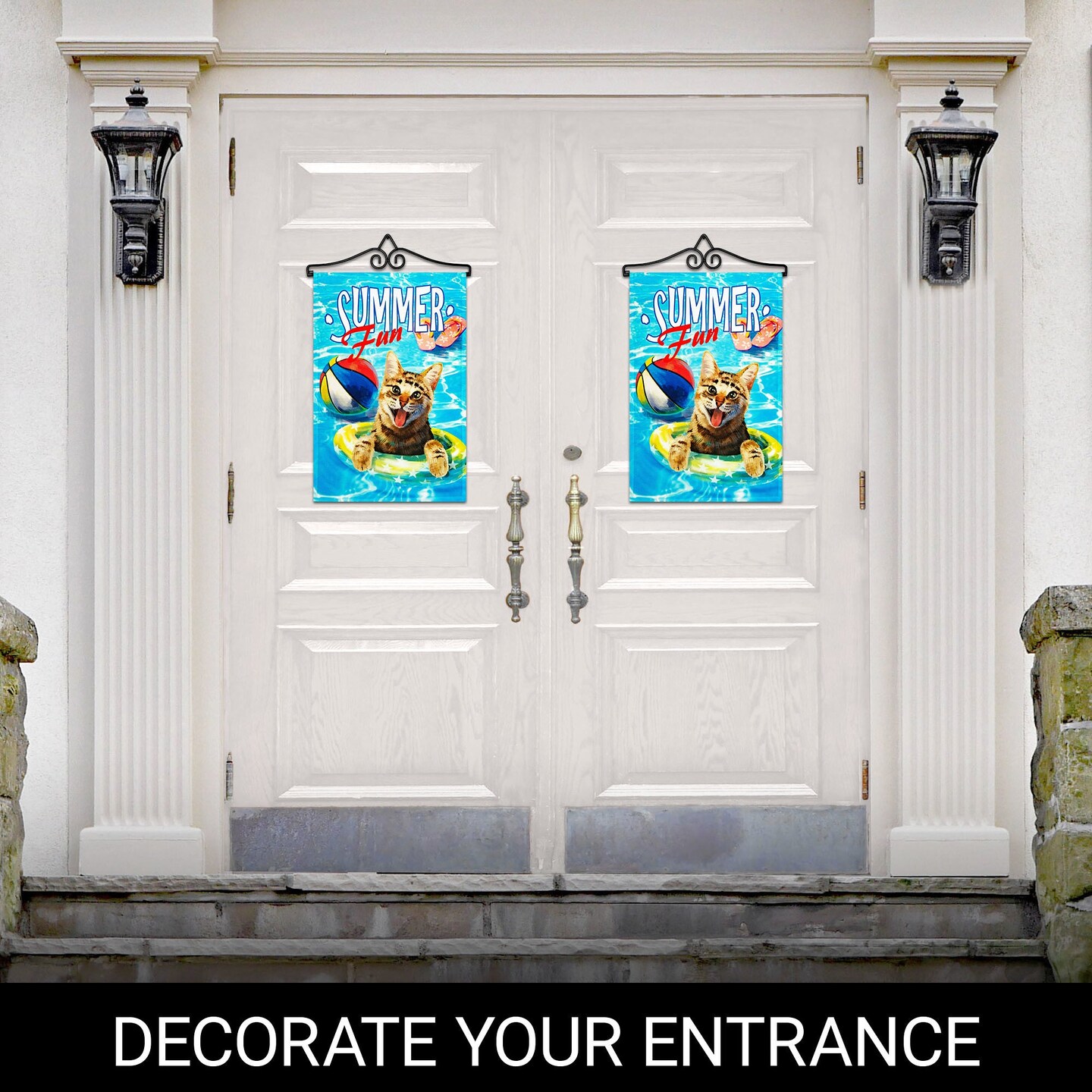 G128 Combo Pack Garden Flag Hanger 14IN & Garden Flag Summer Fun with Cat in Pool 12x18IN Printed 150D Polyester