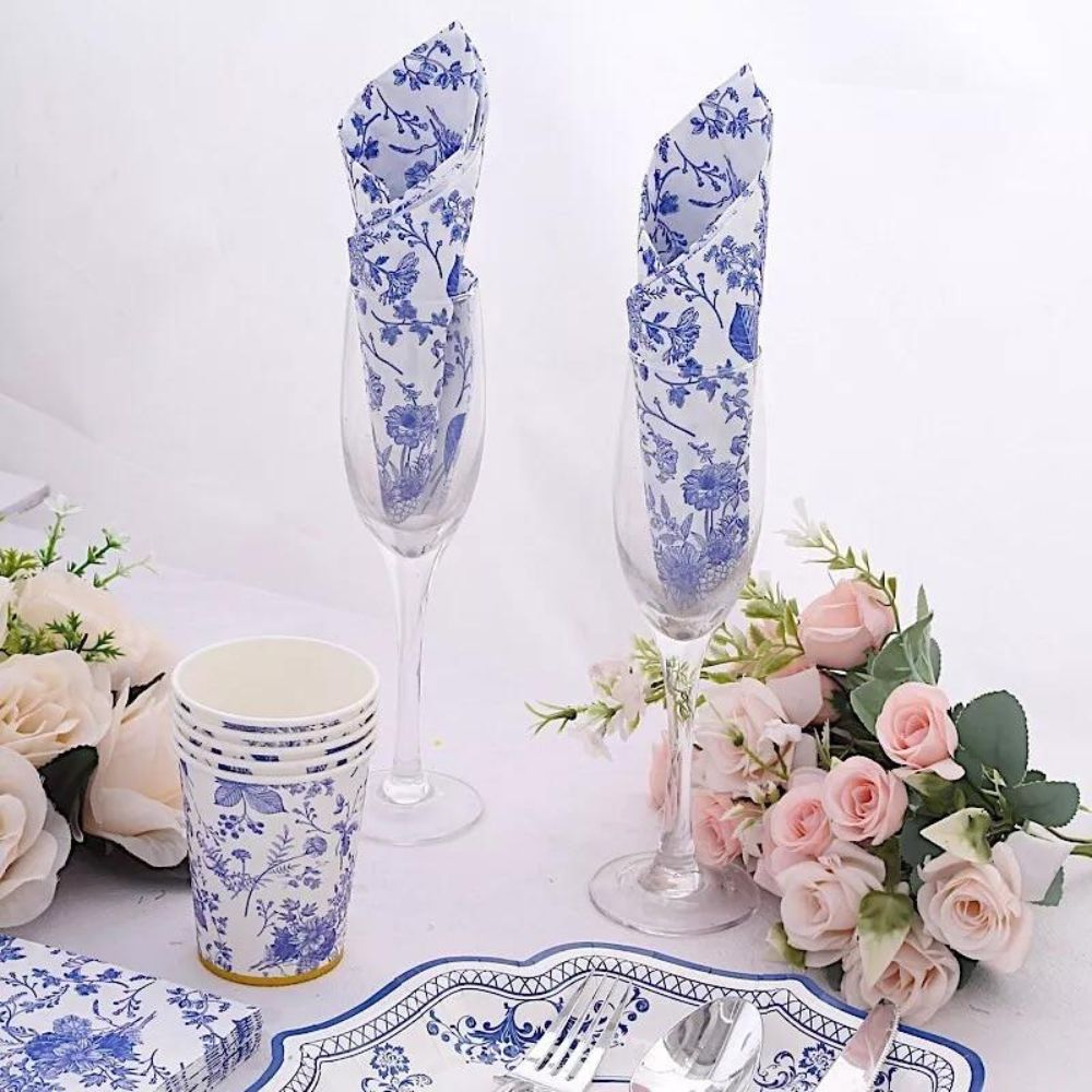20 White Blue Floral Disposable Dinner Napkins Party Decor