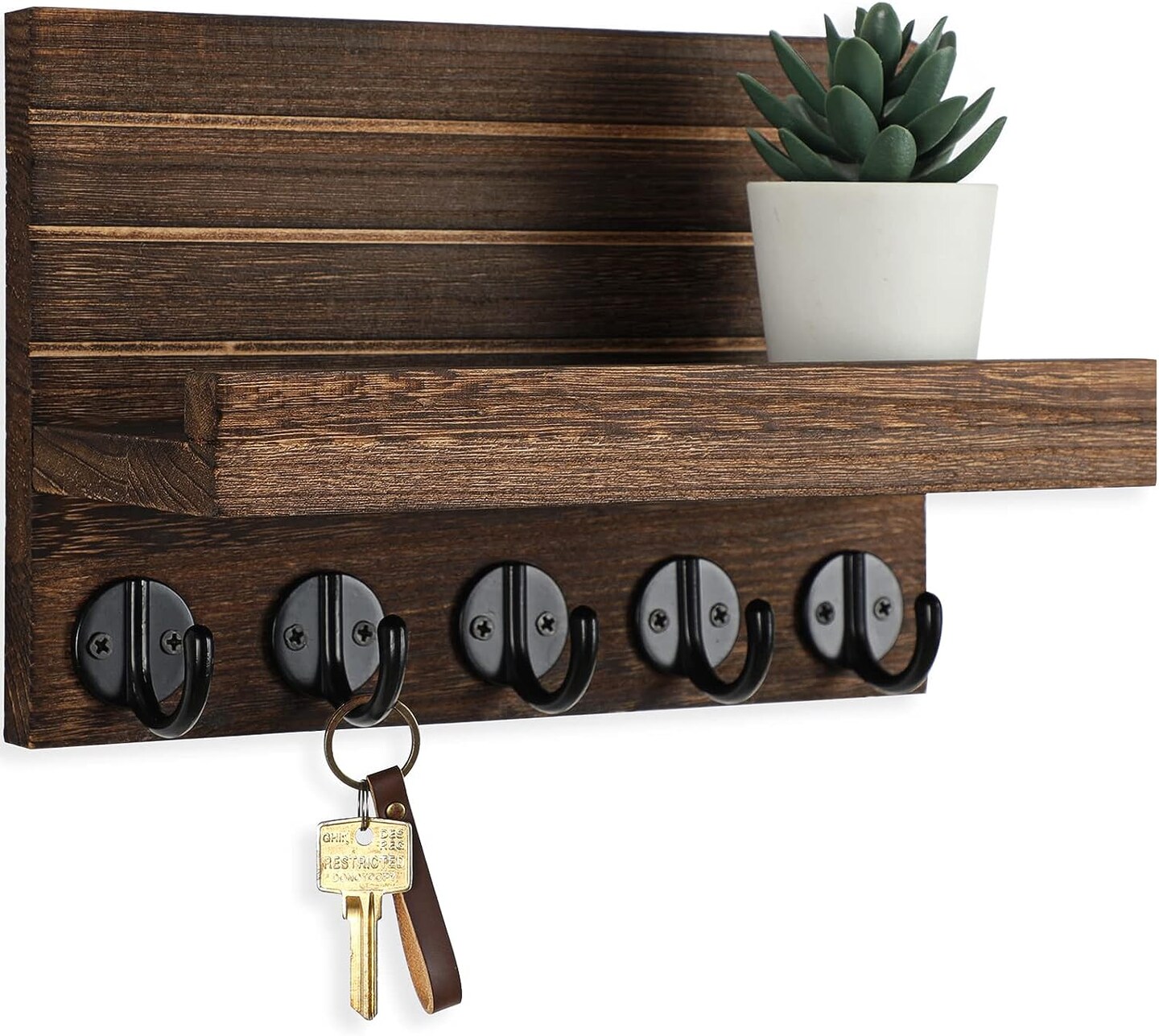 Rustic Charm: Paulownia Wood Key Holder with Shelf and Hooks
