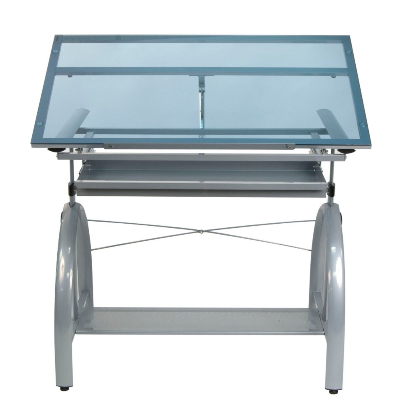 Offex Avanta Height Adjustable Blue Tempered Glass Top Drafting Table - Silver