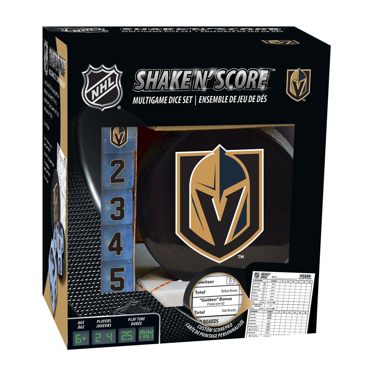 Masterpieces   Officially Licensed NHL Las Vegas Golden Knights Shake N&#x27; Score Dice Game for Age 6 and Up