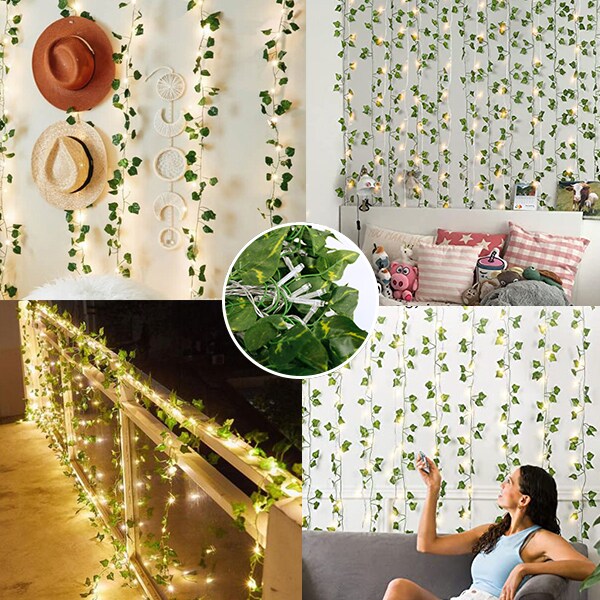 Perfect Holiday 66 LED Ivy Leaf Curtain String Lights Battery Operated - Warm White
