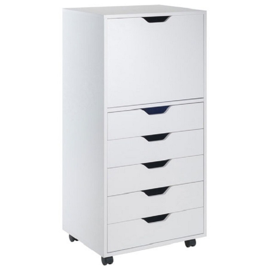 Contemporary Home Living 41.25” White Hallifax Wooden High Cabinet with Casters