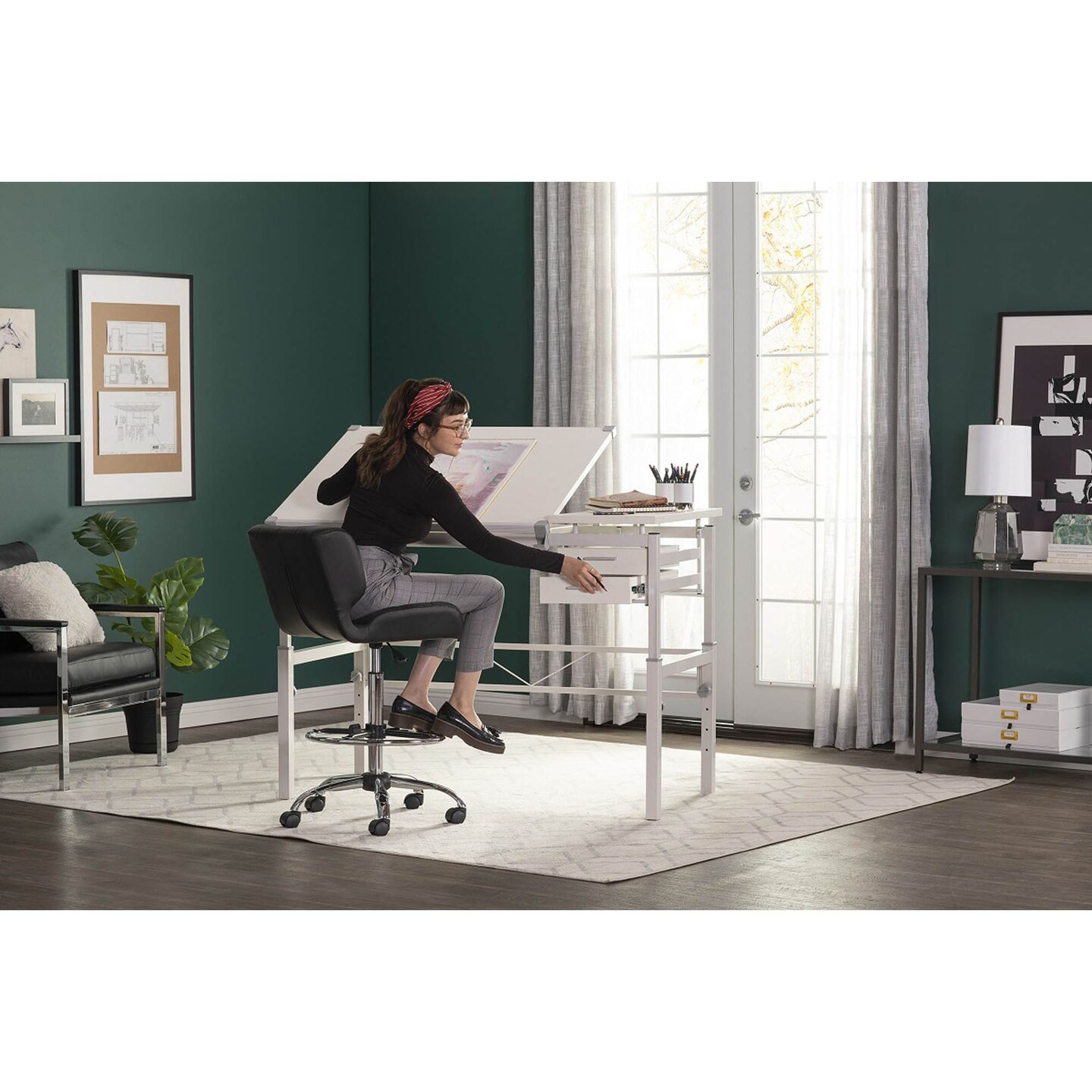 Graphix II Height Adjustable, Split Top, Pro Line Drafting Table With 39.5" x 30" Tilting Top And Drawers In White