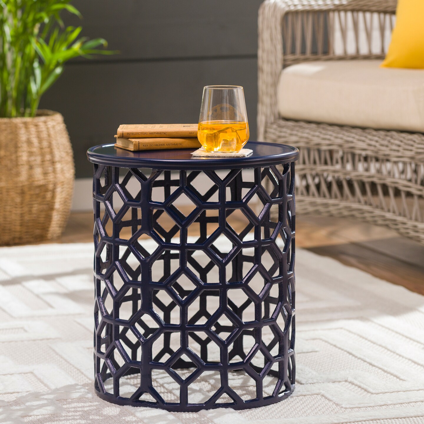 Tiwari Home 16.5&#x22; Transitional Style Navy Blue Round Accent Table