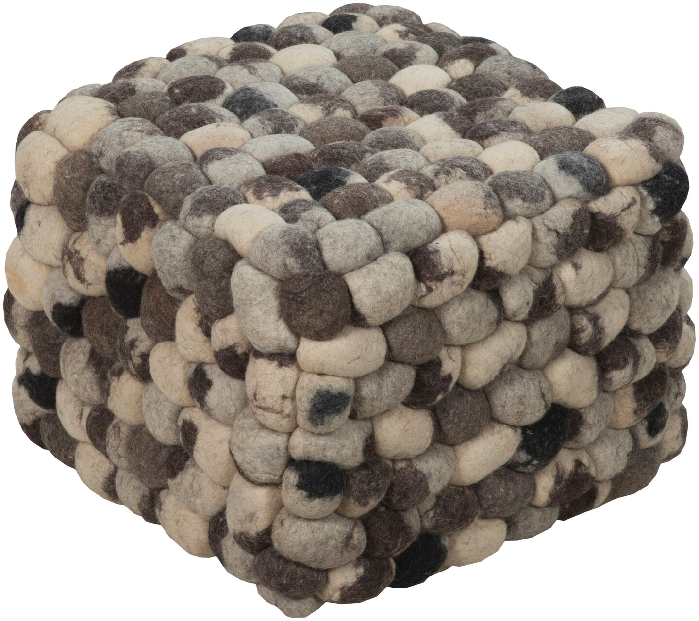 Diva At Home 18&#x22; Midnight Black, Ivory and Gray Shag Checkerboard Wool Square Pouf Ottoman
