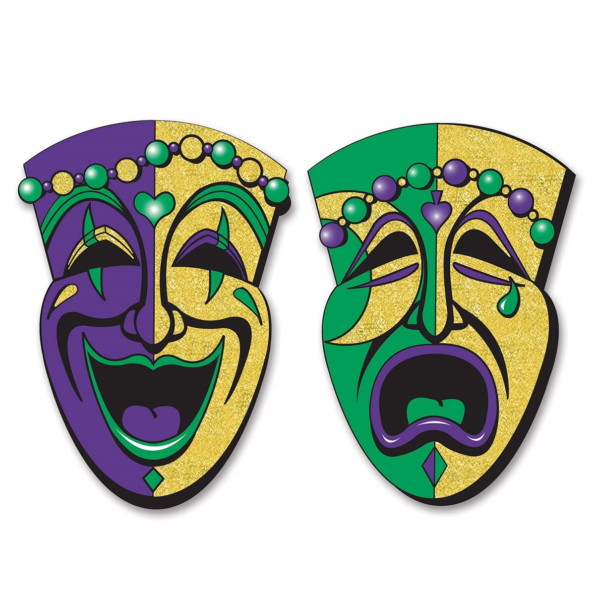 Party Central Club Pack of 24 Purple and Green Glittered Drama Face Mardi Gras Cutout Party Decors 24.5&#x22;