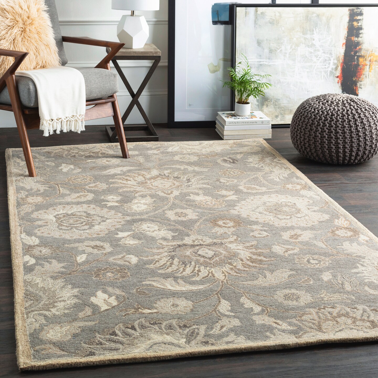 Tiwari Home 6&#x27; Floral Patterned Gray and Brown Hand Tufted Wool Square Area Rug