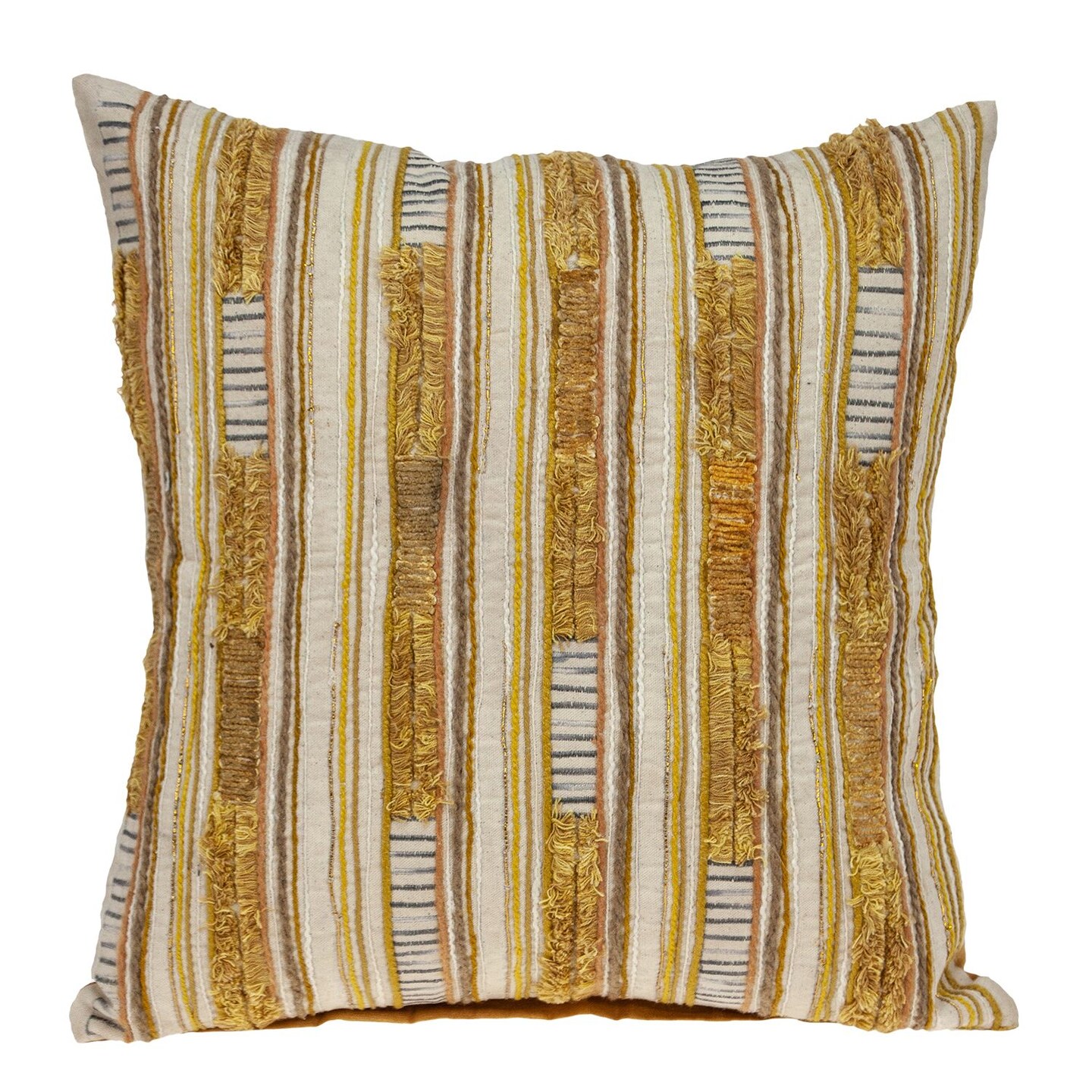 Nassau Collection 18" Beige and Yellow Embroidered Geometric Striped Square Throw Pillow