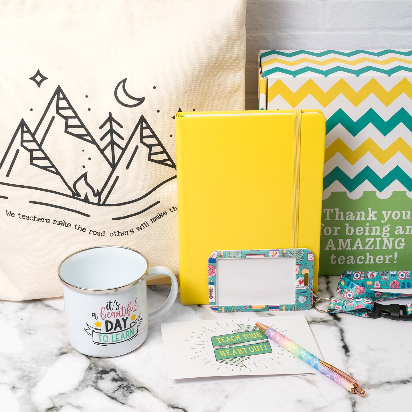 Mabie Swan - Best Teacher Gift Box, Six Elegant Pieces - 12oz Natural Canvas Cotton Tote, 12oz Enamel Mug, PU Leather Notebook, Ballpoint Pen, ID Card Holder, with "Thank You" Card Teacher Gift Set