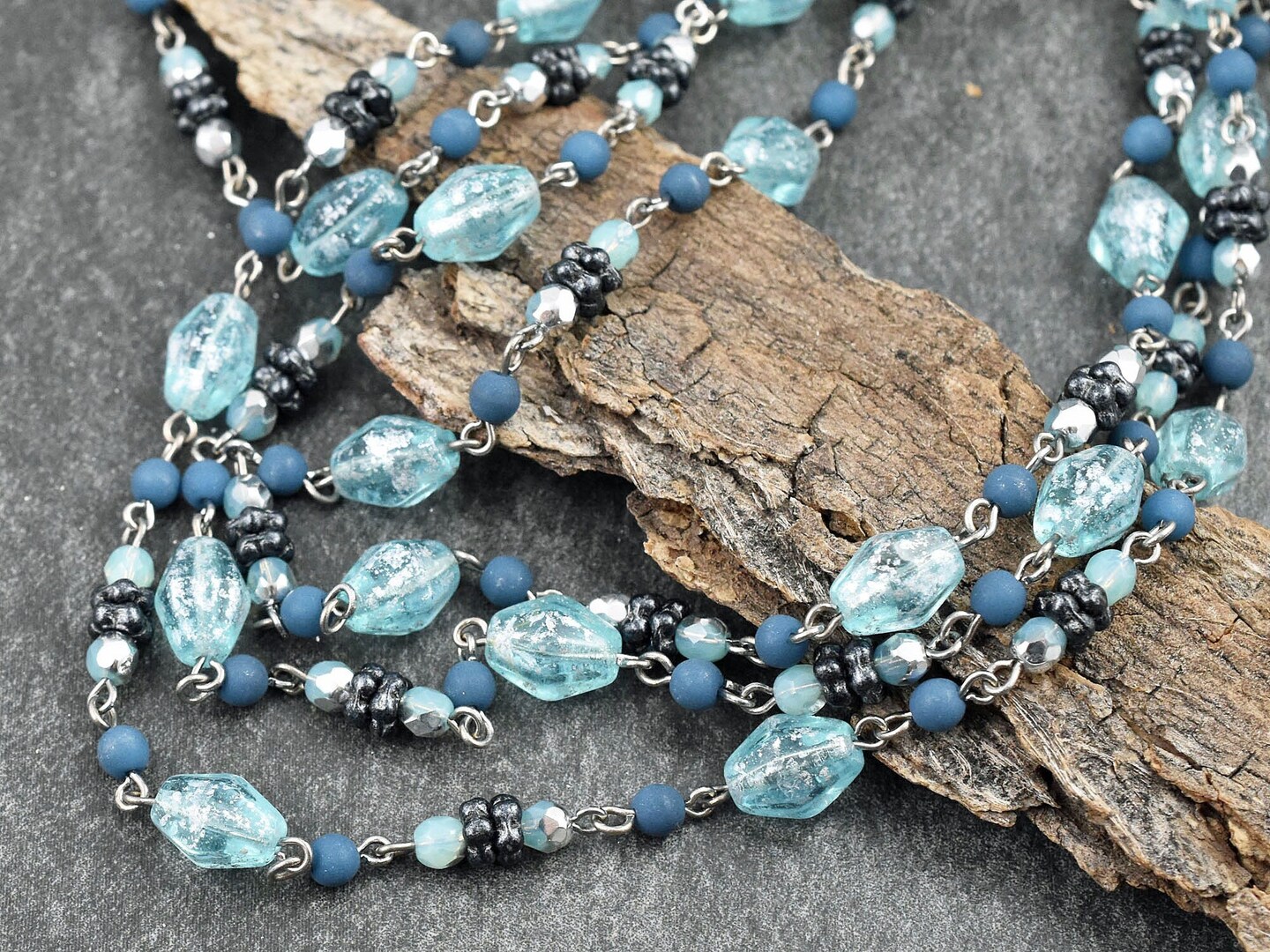 Czech Glass Aqua Blue Bicone Chain w/Silver -- Sold by the foot