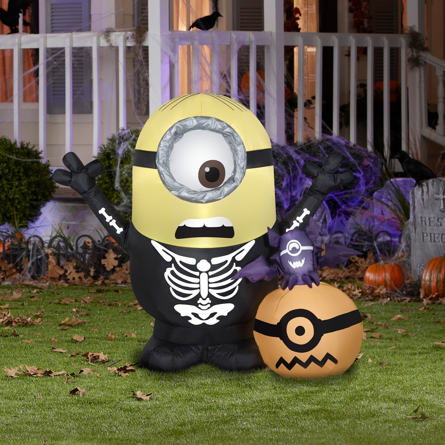 3.5' Gemmy Airblown Inflatable Minion Skeleton Pumpkin Scene Halloween Yard Decoration 225046