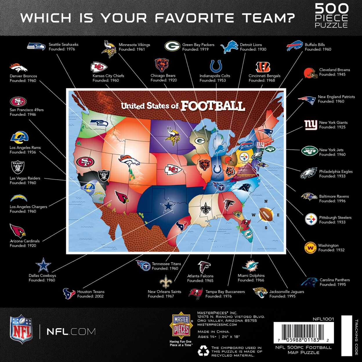 MasterPieces Sports Puzzle - All Teams 500 Piece Jigsaw Puzzle for Adults - NFL League Map Puzzle - 24" x 18"