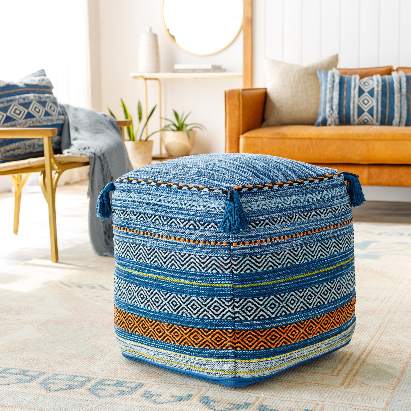 Tiwari Home 18" Denim Blue and Orange Cubic Pouf Ottoman with Tassels