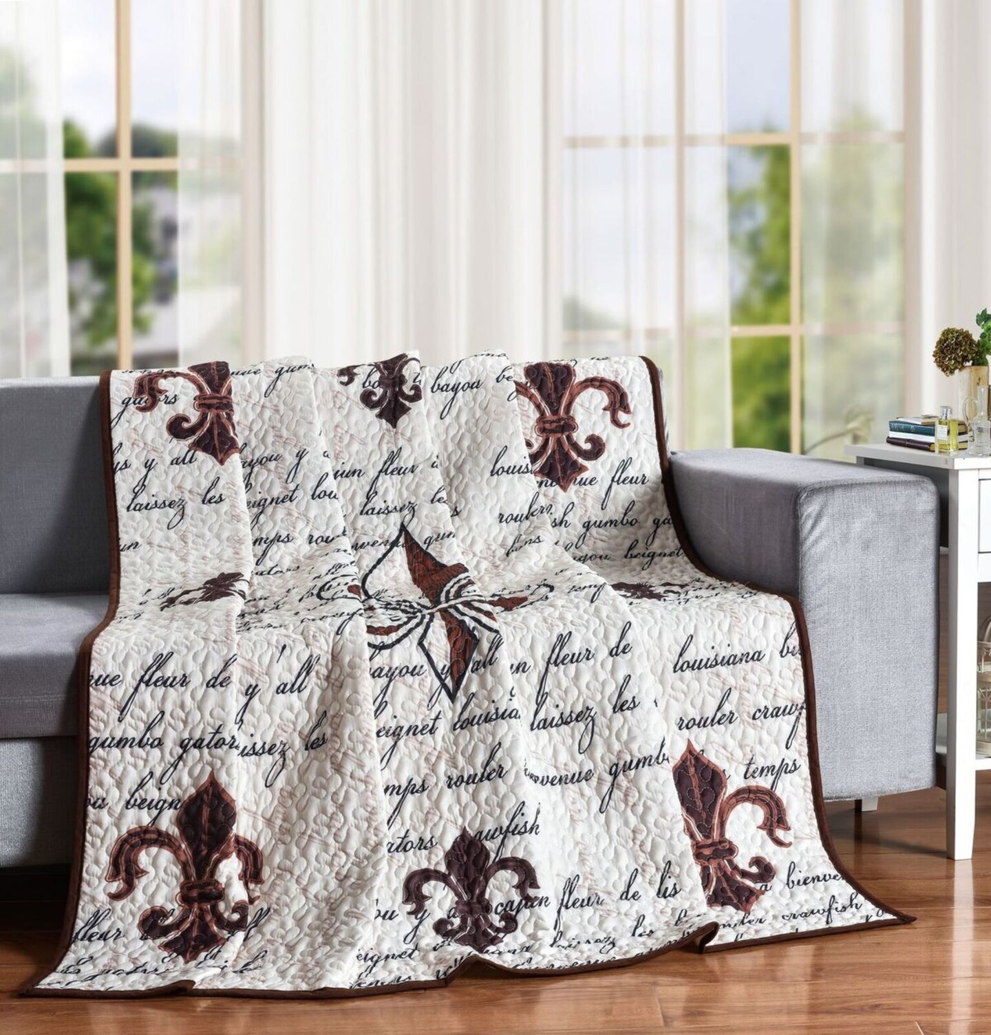 De Leon Collection White and Brown Cajun Fleur De Lis Phrases Decorative Accent Throw Blanket 60&#x22; x 50&#x22;
