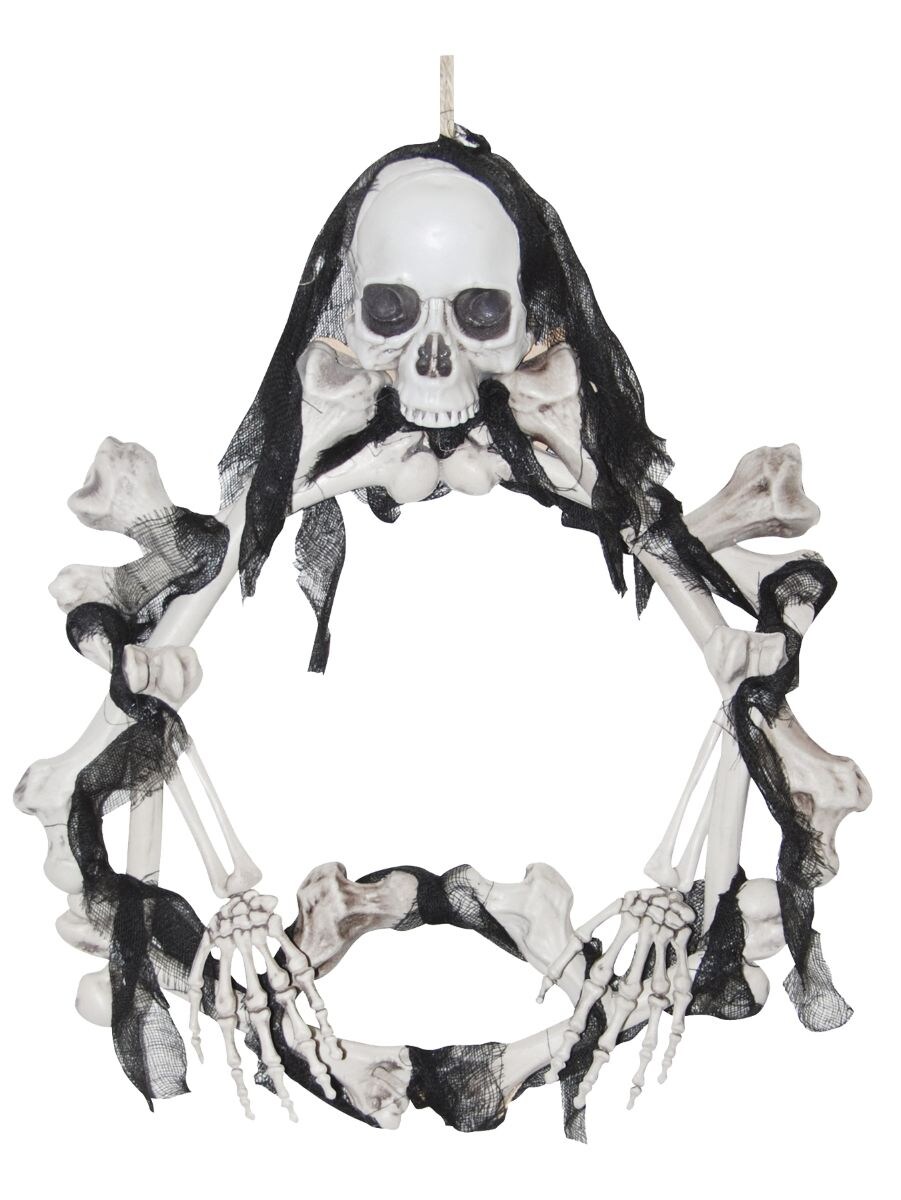 The Costume Center Pre-Lit Skull and Bone Halloween Wreath - 16.5&#x22; - White and Black