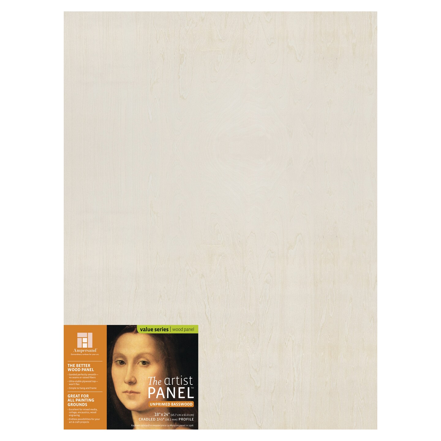 Ampersand Art Artist Panel, Unprimed Basswood, Cradled, 1-1/2&#x22; Profile, 18&#x22; x 24&#x22;