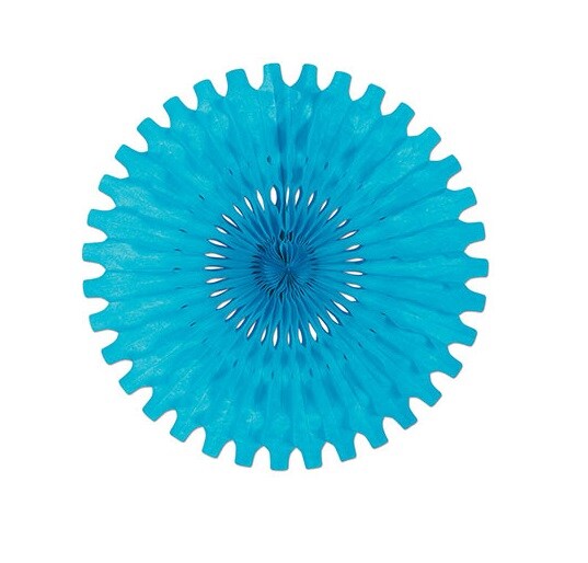 Beistle Club Pack of 12 Turquoise Tissue Fan Hanging Decorations 25&#x22;