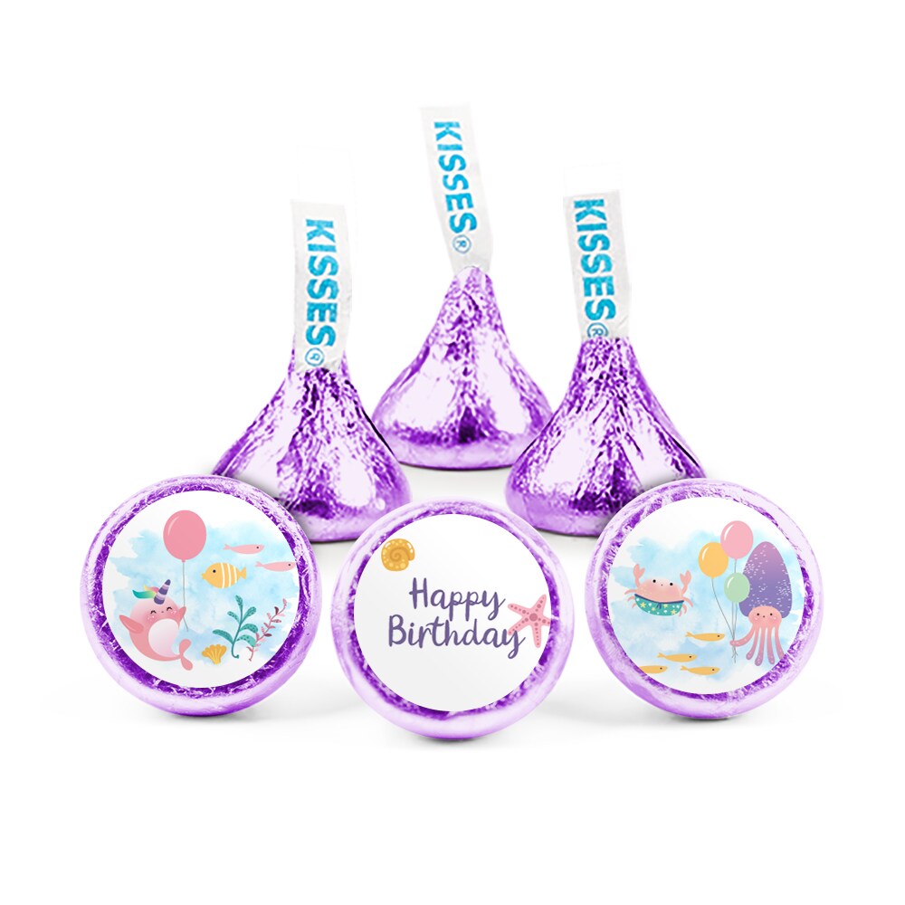 100pcs Mermaid Birthday Candy Party Favors Hershey&#x27;s Kisses Milk Chocolate (100 Candies + 1 Sheet Stickers)  by Just Candy - Assembly Required