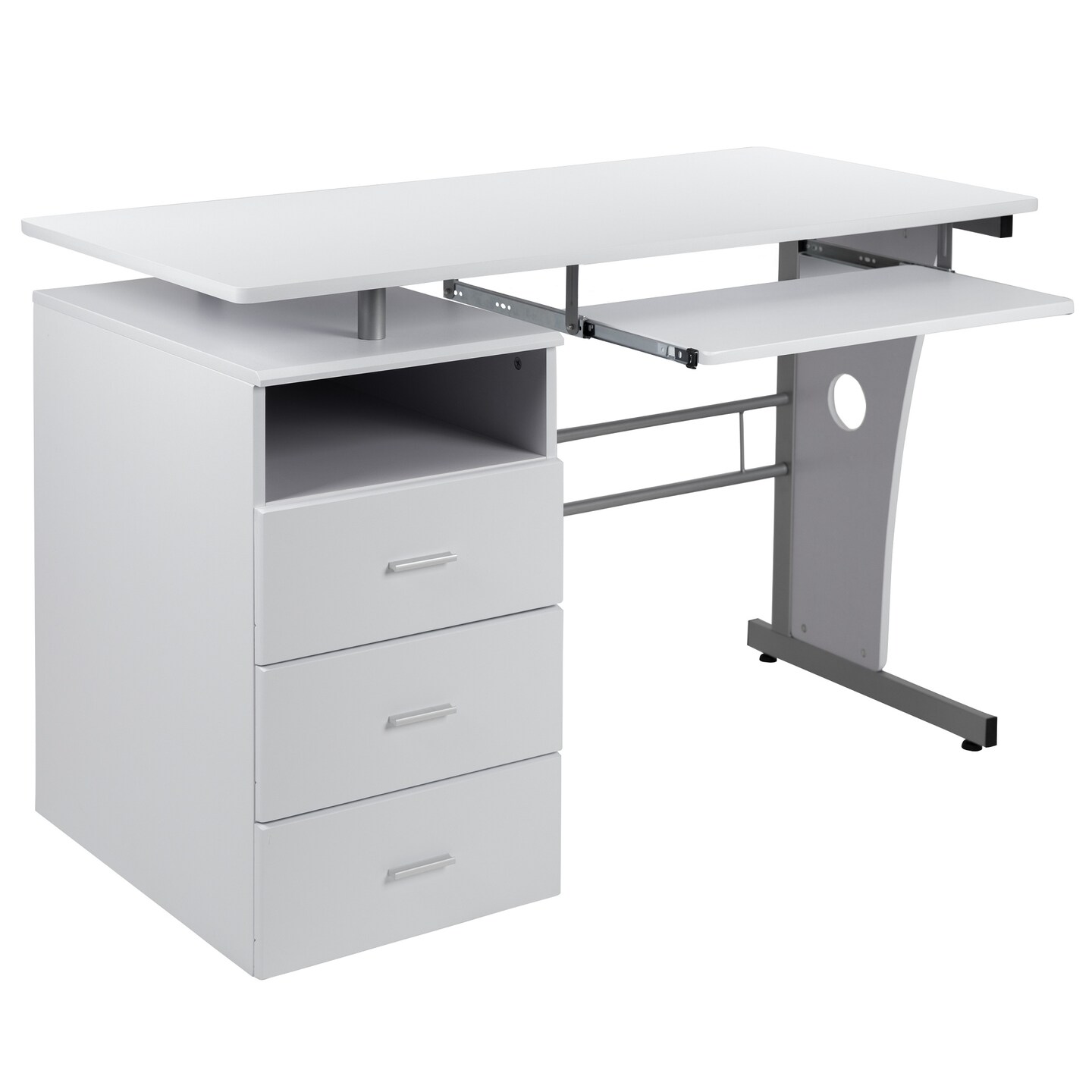 Flash Furniture 47.25" White Contemporary Computer Desk with Three Drawer Pedestal and Pull-Out Keyboard Tray