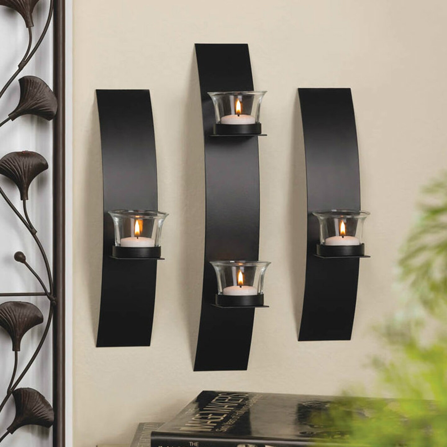 Accent Plus Home Decorative Sleek Black Curved Iron Wall Sconce Set
