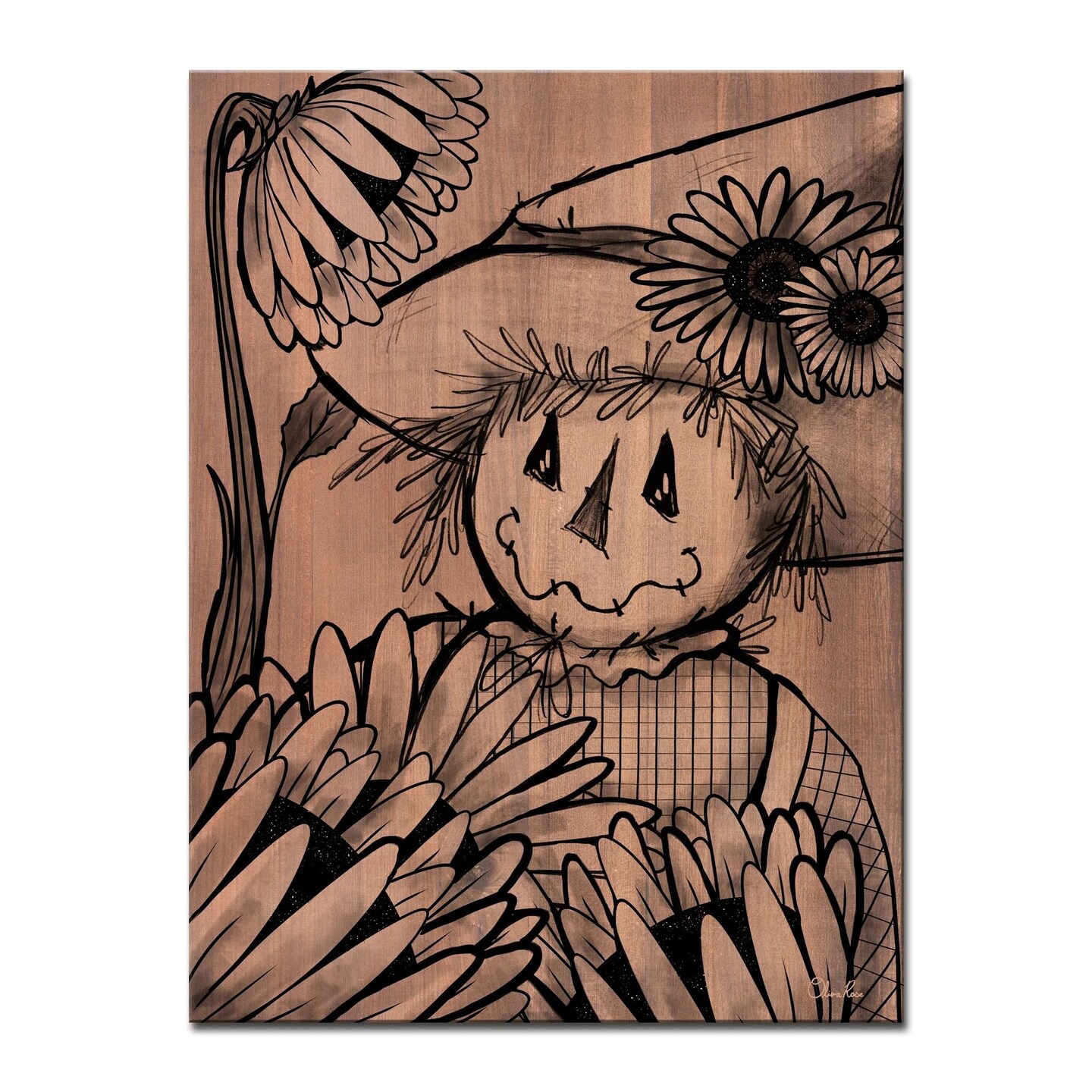 Crafted Creations Brown and Black Sunflower Scarecrow Fall Rectangular Cotton Wall Art Decor 30&#x22; x 20&#x22;