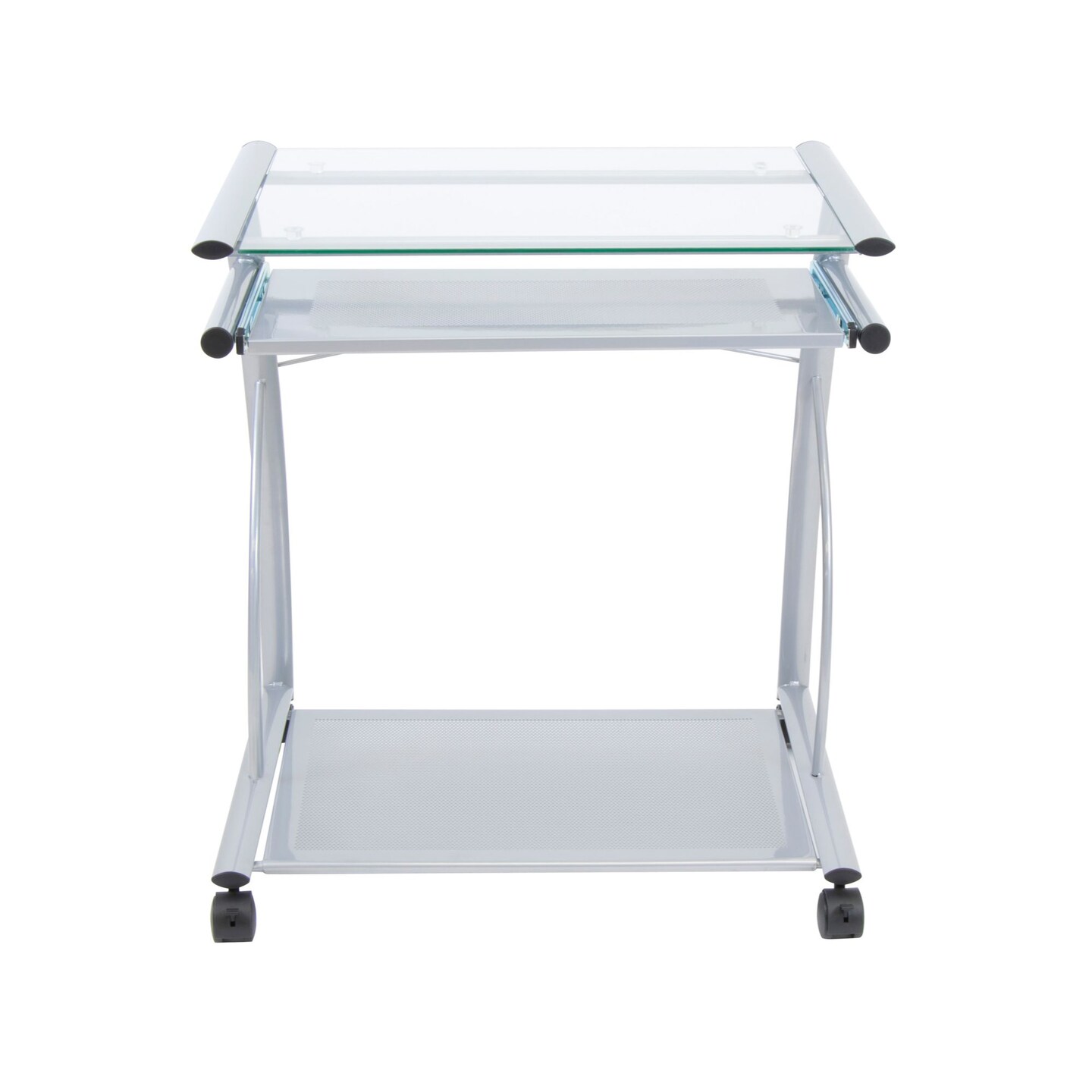 L Cart Compact Computer Cart with Storage and Keyboard Shelf - Silver / Clear Glass