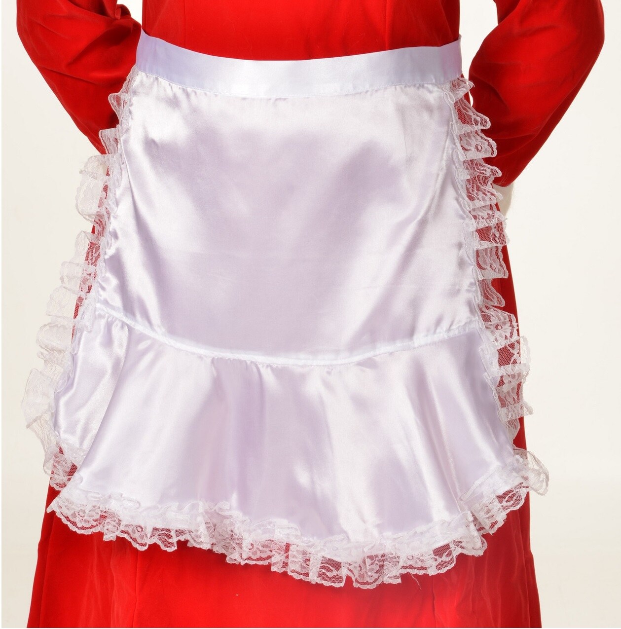 The Costume Center White Long Satin Mrs. Claus Apron with Lace Trim &#x2013; One Size