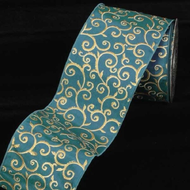 The Ribbon People Blue Taffeta Gold Swirl Wired Decorative Ribbon 4