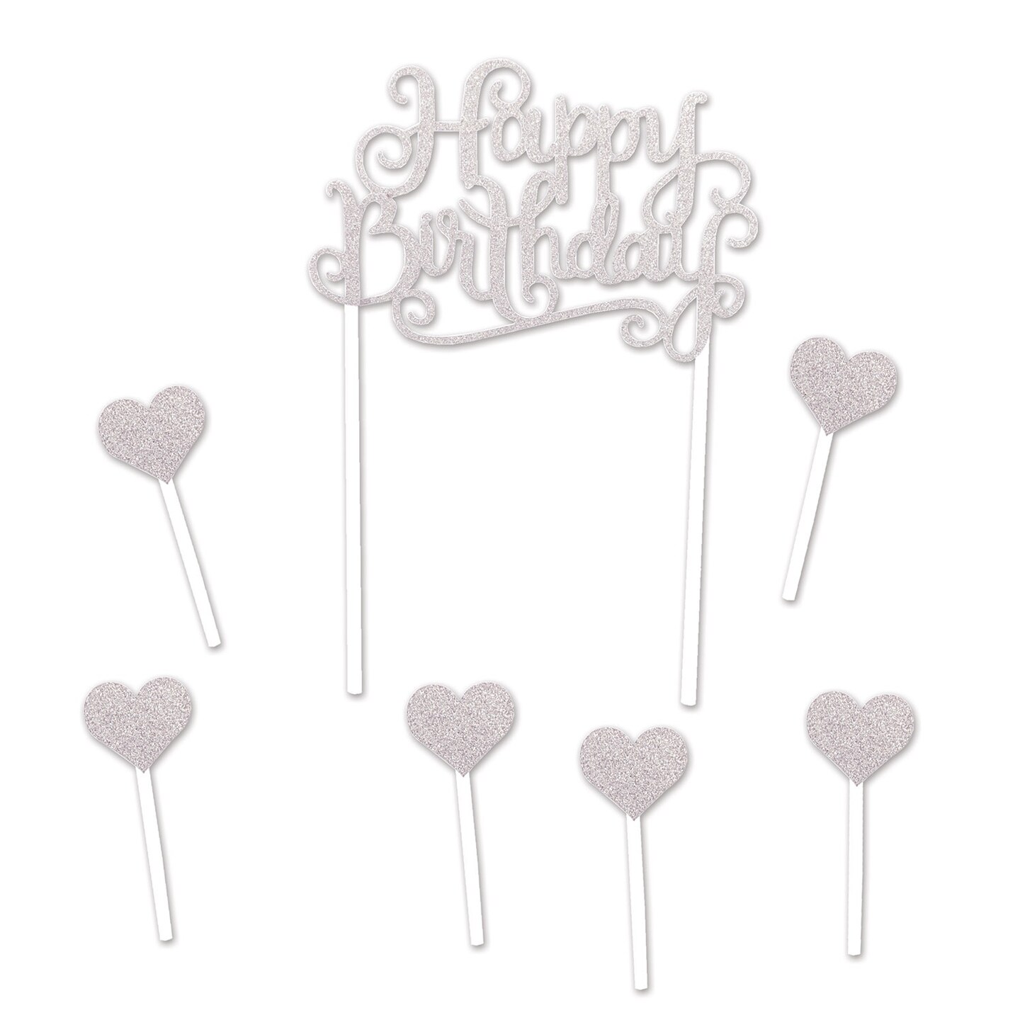 Beistle 8&#x201D; Silver Happy Birthday Cake Topper - 12ct