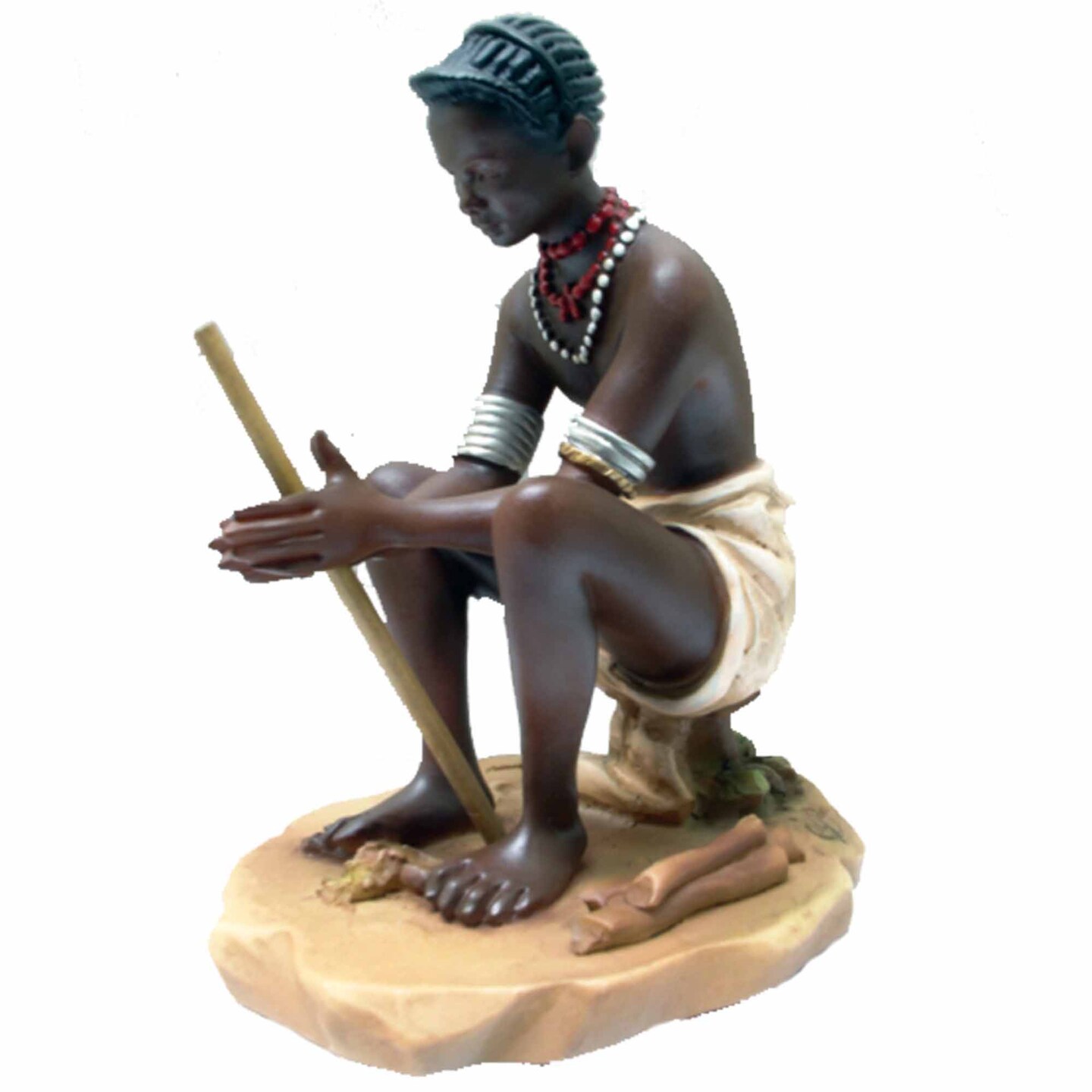 Stoneage Arts Inc 7" Mursi Making Fire Alabaster Figurine