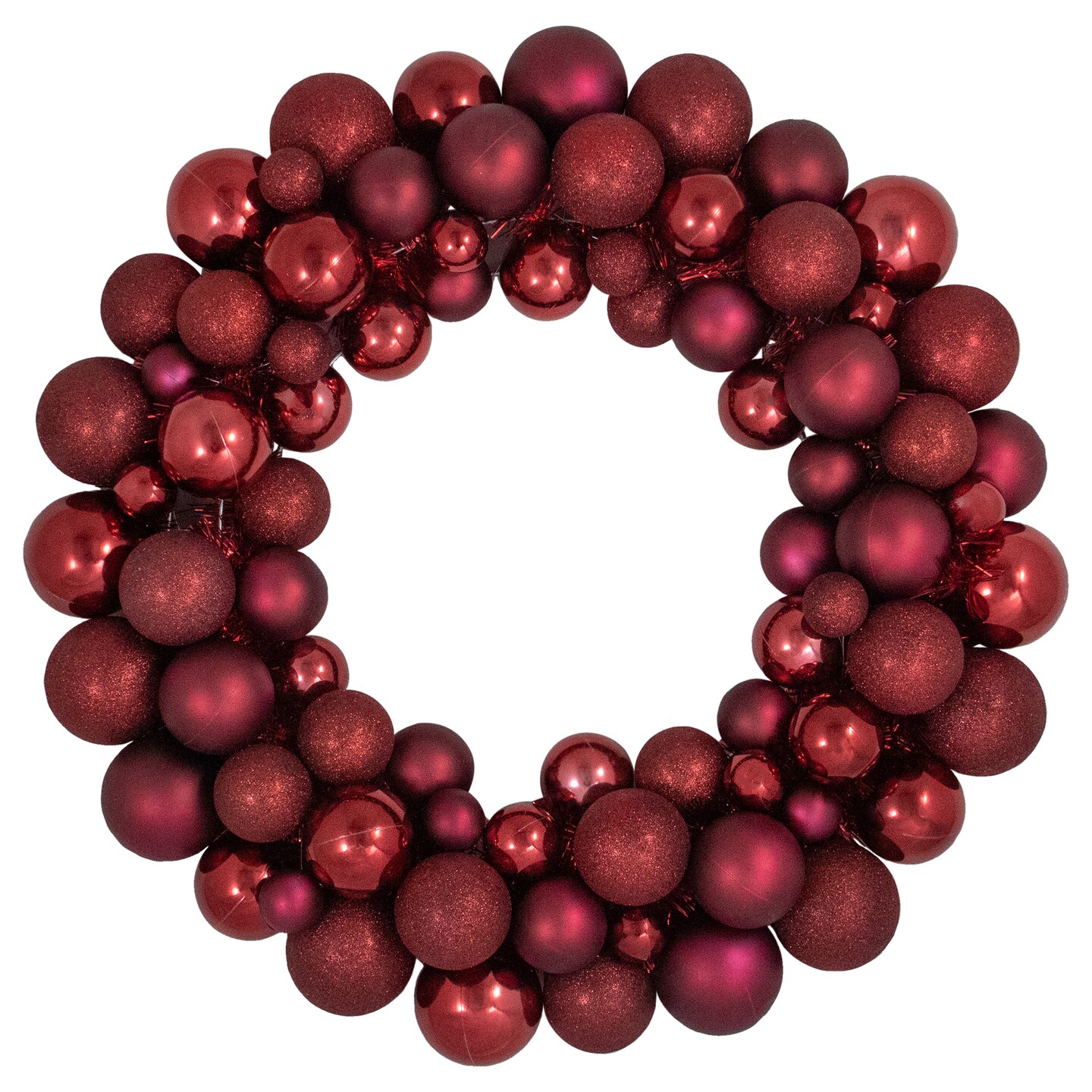 Northlight Burgundy 3-Finish Shatterproof Ball Christmas Wreath - 24&#x22;, Unlit